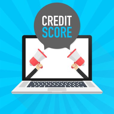 Laptop dizüstü bilgisayar perde. El tutma megafon. Konuşma balonu metinde puan kredi. Vektör çizim.