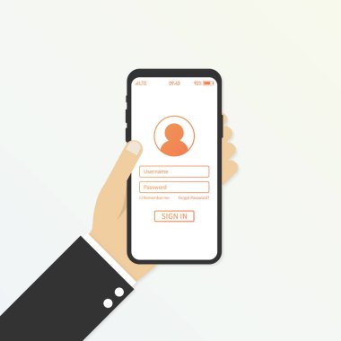 Kullanıcı oturum açma formu sayfası ile akıllı telefon tutarak el ve düğmesini işaret. Kullanıcı adı ve parolası kutusunda... Vektör çizim.