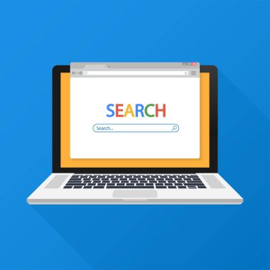 Laptop üzerinde mavi arka plan basit tarayıcı penceresi. Tarayıcı arama. Vektör çizim.