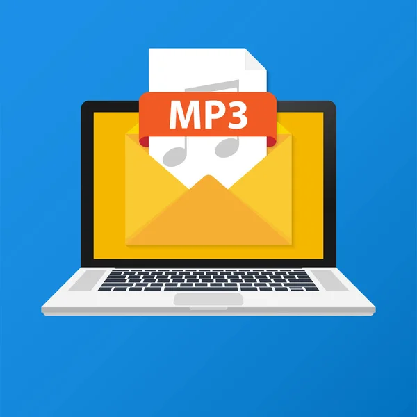 Laptop z koperty i plików Mp3. Notatnik i e-mail z pliku Mp3 załącznik dokumentu. Ilustracja wektorowa. — Wektor stockowy