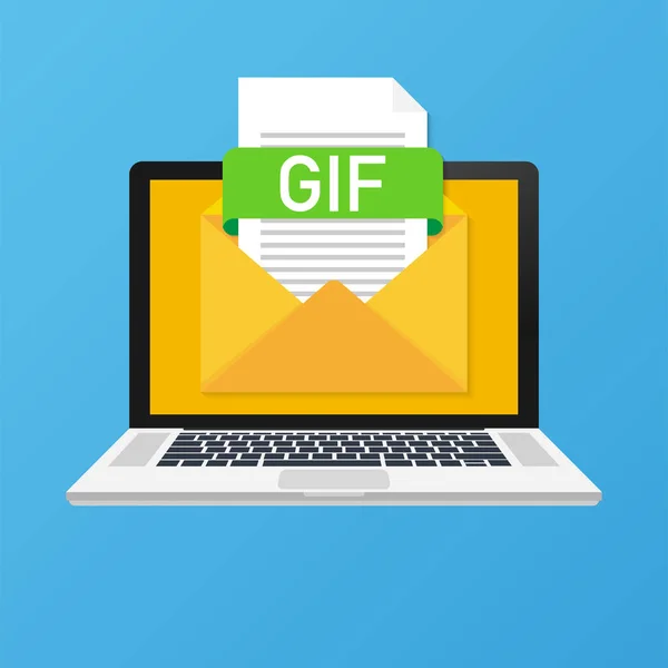 Laptop con busta e file GIF. Notebook ed e-mail con allegato file Documento GIF . — Vettoriale Stock