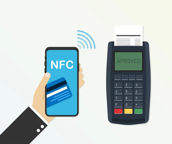 Zahlung per Kreditkarte mit POS-Terminal und Smartphone, genehmigte Zahlung. Vektorillustration. — Stockvektor