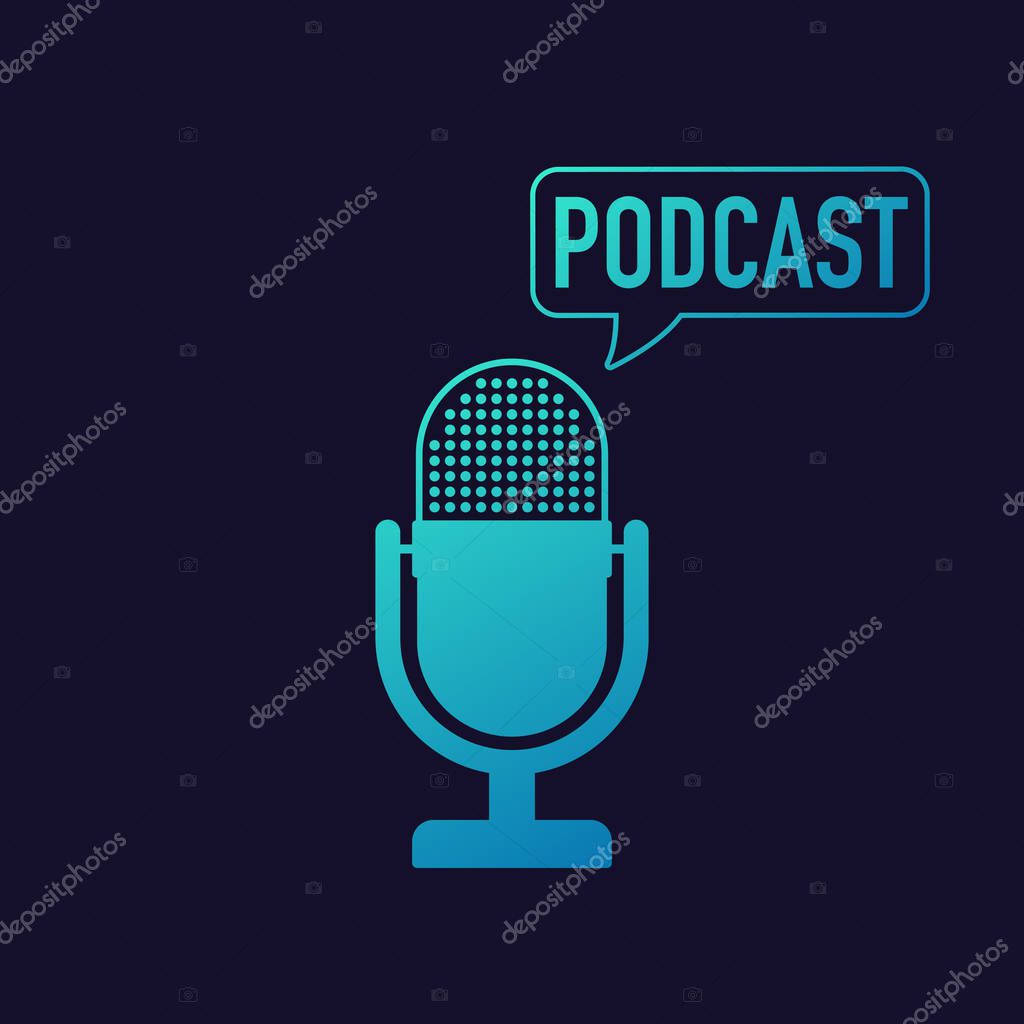 Podcast. Microphone with speech bubble icons. Vector stock illustration.