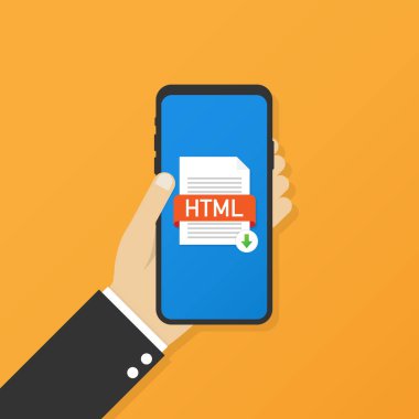 Smartphone ekranında HTML düğmesini indirin. Belge kavramı indiriyor. Dosya Html etiketi ve ok işareti aşağı