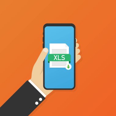 Download XLS button on smartphone screen. Downloading document concept. File with XLS label and down arrow sign