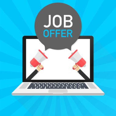Laptop dizüstü bilgisayar perde. El tutma megafon. İş teklif konuşma balonu metinde. Vektör çizim.