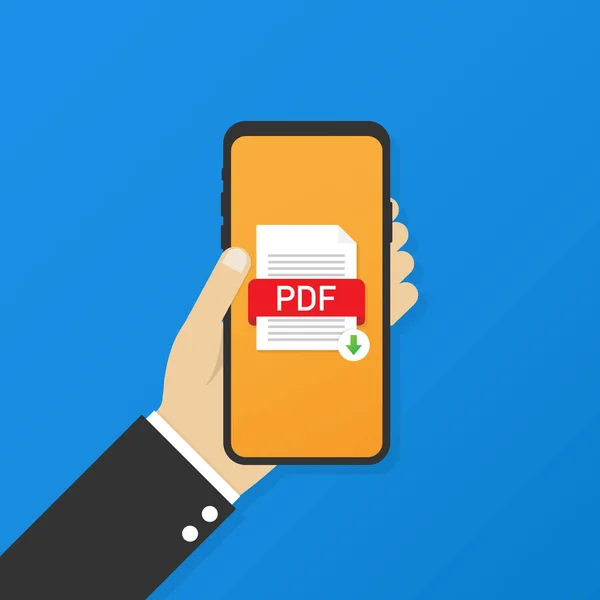 Scarica il pulsante PDF sullo schermo dello smartphone. Scaricare il concetto di documento. File con etichetta PDF e segno freccia giù — Vettoriale Stock