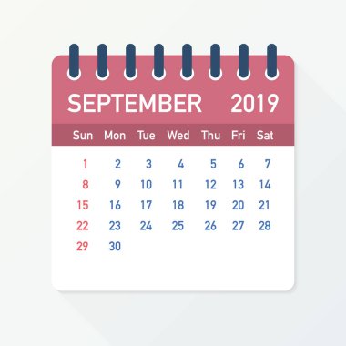 Eylül 2019 takvim yaprağı. Takvim 2019 düz tarzı. Vektör çizim.