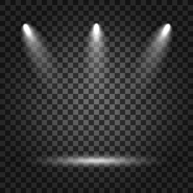 Spot ışık ışınları şeffaf arka plan ile. Tiyatro, fotoğraf stüdyosu, konser için gerçekçi sahne ışıkları. 