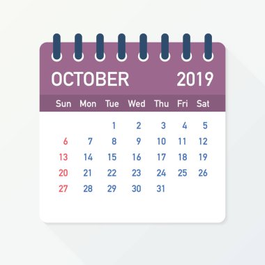 Ekim 2019 takvim yaprağı. Takvim 2019 düz tarzı. Vektör çizim.