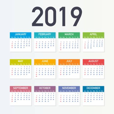 Takvim 2019, Pazar, iş şablon haftası başlar. Düzenlenebilir vektör dosyası kullanılabilir. İngilizce ve Pazar Pazartesi sürümü.