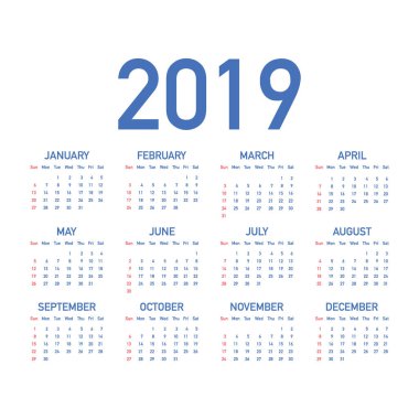 Takvim 2019, Pazar, iş şablon haftası başlar. Düzenlenebilir vektör dosyası kullanılabilir. İngilizce ve Pazar Pazartesi sürümü