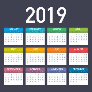 Takvim 2019, Pazar, iş şablon haftası başlar. Düzenlenebilir vektör dosyası kullanılabilir. İngilizce ve Pazar Pazartesi sürümü.