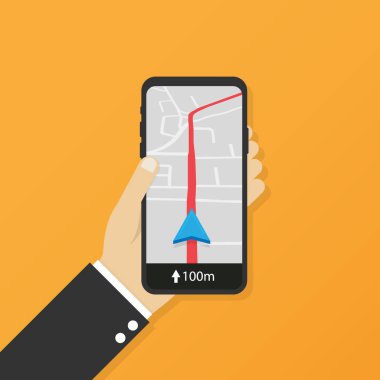 Cep telefonu coğrafi konumu, smartphone gps navigator şehir haritası ve PIN yol işaretçi, yol haritası yön. Vektör çizim.