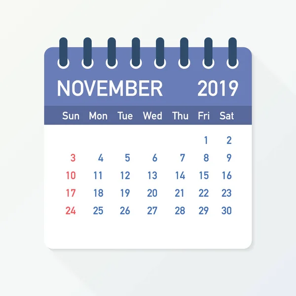 Φύλλο ημερολογίου Νοέμβριο 2019. Ημερολόγιο 2019 σε επίπεδη στυλ. Εικονογράφηση διάνυσμα. — Διανυσματικό Αρχείο