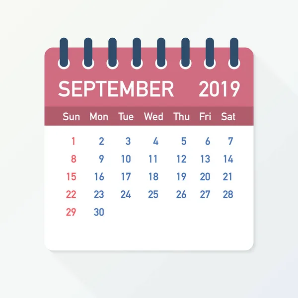 September 2019 kalender blad. Kalender 2019 in vlakke stijl. Vectorillustratie. — Stockvector