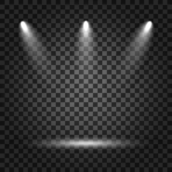 Reflektory s světelných paprsků na průhledném pozadí. Realistické svítidla pro kina, Foto studio, koncerty. — Stockový vektor