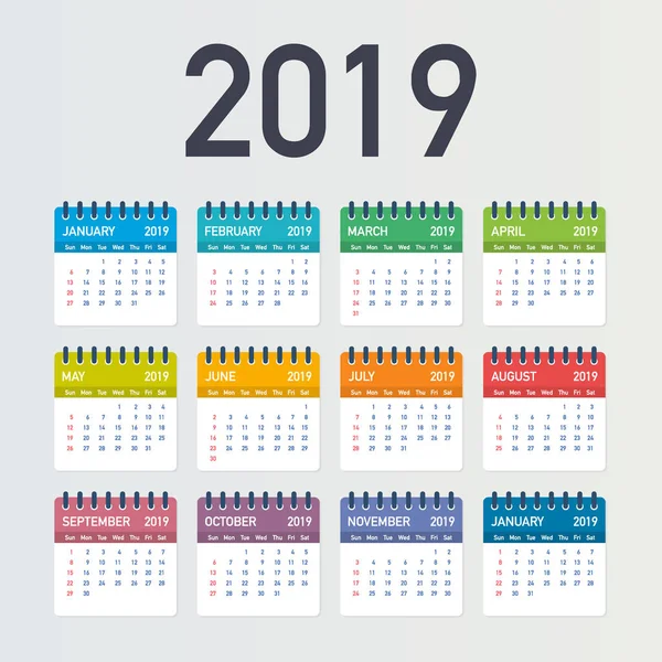 Ημερολόγιο 2019, εβδομάδα ξεκινά από την Κυριακή, επιχειρηματικό πρότυπο. Επεξεργάσιμο και vector αρχείου διαθέσιμα. Ελληνικά και την Κυριακή Δευτέρα έκδοση — Διανυσματικό Αρχείο