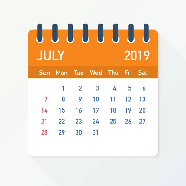 Ιουλίου 2019 φύλλο ημερολογίου. Ημερολόγιο 2019 σε επίπεδη στυλ. Εικονογράφηση διάνυσμα. — Διανυσματικό Αρχείο