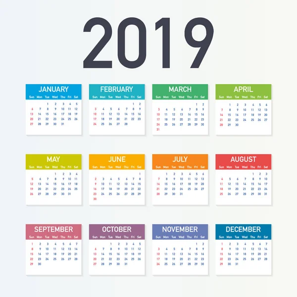 Календар 2019, перший день тижня з неділі, бізнес шаблон. Файл можна редагувати векторну доступні. Англійська, Неділя Понеділок версію. — стоковий вектор