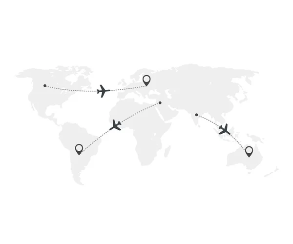 Airplane line path vector icons of air plane flight routes with start points and dash line traces. Aircraft clip art icon with route path track in blue black white. vector illustration.