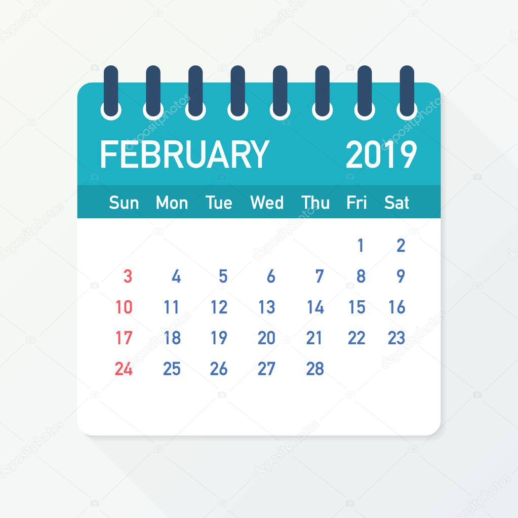 February 2019 Calendar Leaf. Calendar 2019 in flat style. Vector illustration.