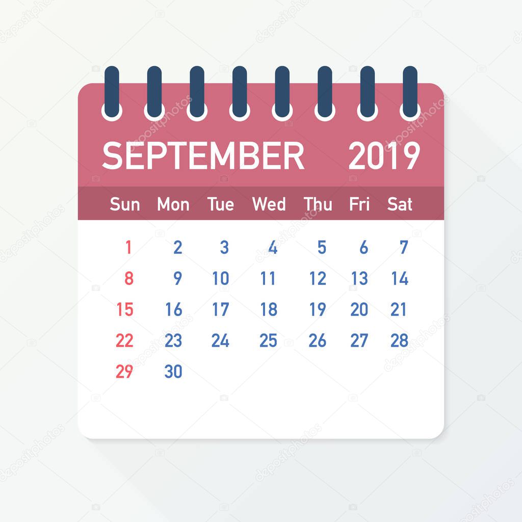 September 2019 Calendar Leaf. Calendar 2019 in flat style. Vector illustration.