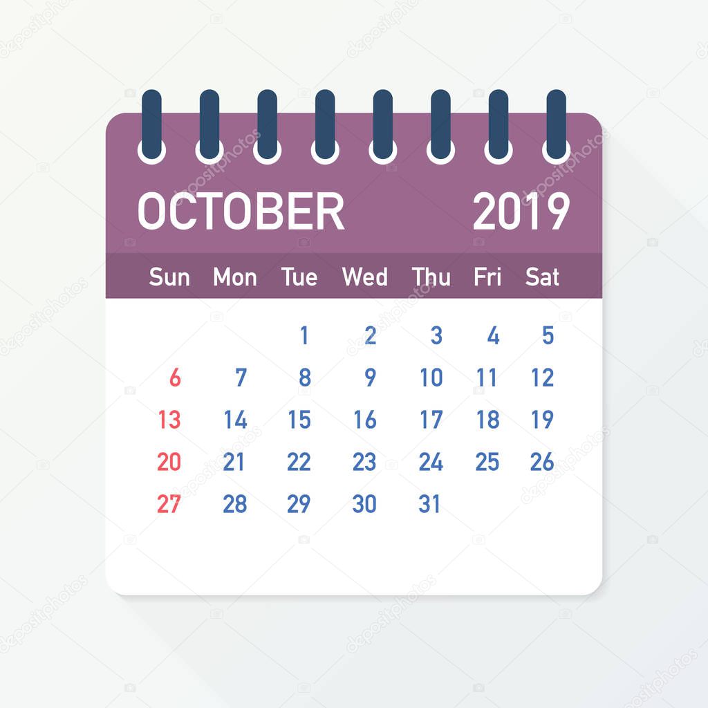 October 2019 Calendar Leaf. Calendar 2019 in flat style. Vector illustration.