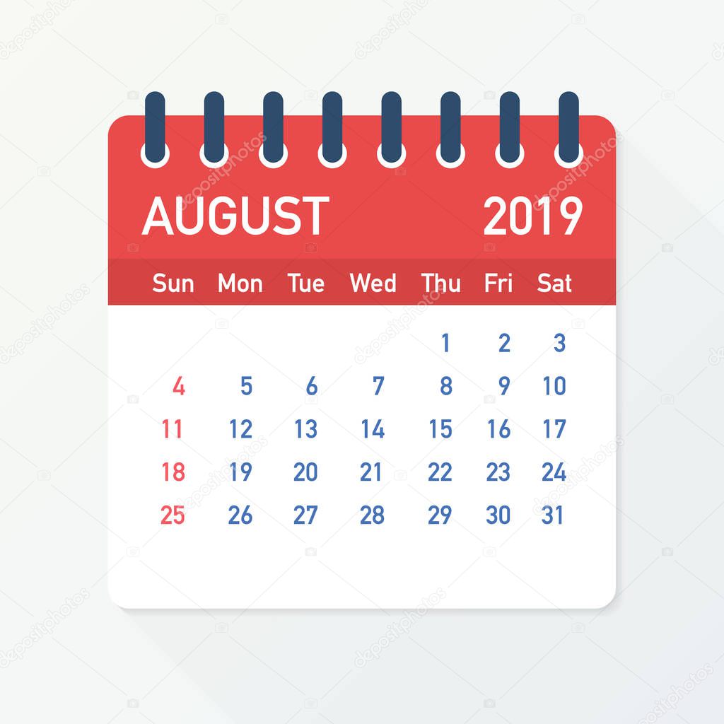 August 2019 Calendar Leaf. Calendar 2019 in flat style. Vector illustration.