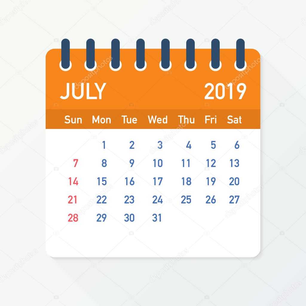 July 2019 Calendar Leaf. Calendar 2019 in flat style. Vector illustration.