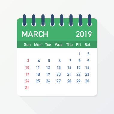 Mart 2019 takvim yaprağı. Takvim 2019 düz tarzı. Vektör çizim.