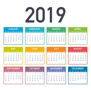 Takvim 2019, Pazar, iş şablon haftası başlar. Düzenlenebilir vektör dosyası kullanılabilir. İngilizce ve Pazar Pazartesi sürümü