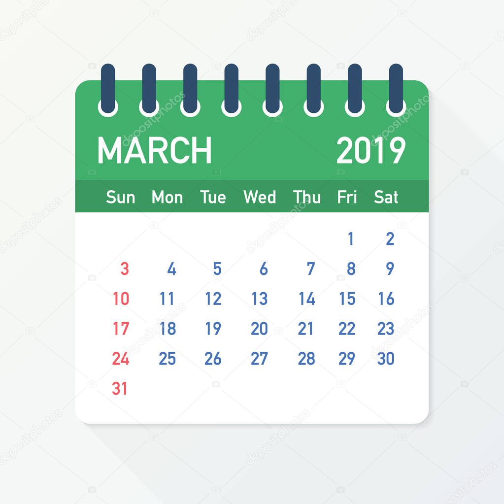 March 2019 Calendar Leaf. Calendar 2019 in flat style. Vector illustration.