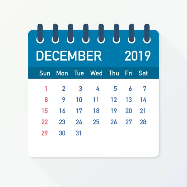 Diciembre 2019 Hoja de calendario. Calendario 2019 en estilo plano. Tamaño A5. Ilustración vectorial . — Archivo Imágenes Vectoriales