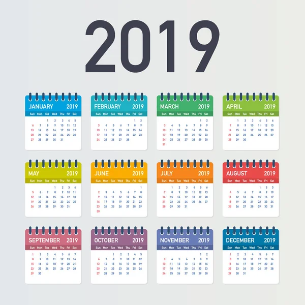 Calendario 2019, Semana comienza a partir del domingo, plantilla de negocio. Archivo vectorial editable disponible. Versión en inglés y de domingo a lunes . — Archivo Imágenes Vectoriales