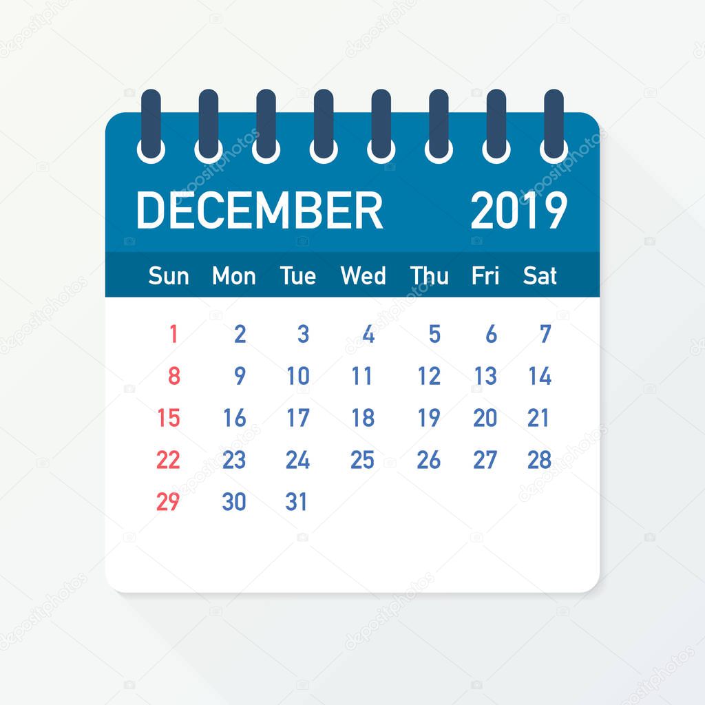 December 2019 Calendar Leaf. Calendar 2019 in flat style. A5 size. Vector illustration.