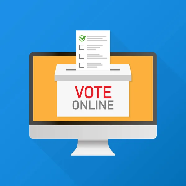 Online-Abstimmung. Hand legt Stimmzettel in die Wahlurne auf einem Laptop-Bildschirm. — Stockvektor