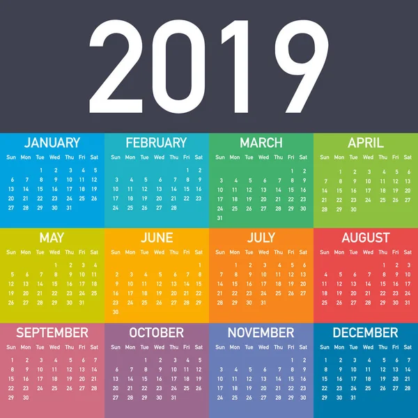 Kalender 2019 vecka startar från söndag, business mall. Redigerbara vektor filer tillgängliga. Engelska och söndag till måndag version. — Stock vektor