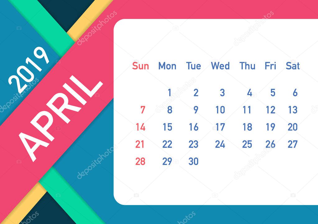April 2019 Calendar Leaf. Calendar 2019 in flat style. A5 size. Vector illustration.