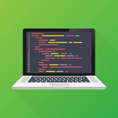 Vektör dizüstü bilgisayar kodlama kavramı. Web geliştiricisi, tasarım, programlama. Laptop ekran kodu. Vektör illüstrasyonu.