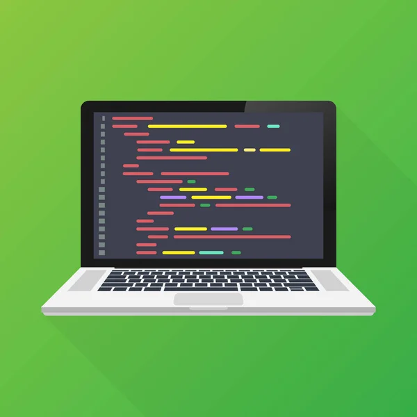 ベクトルノートパソコンコーディングコンセプト。Web開発者、デザイン、プログラミング。ノートパソコンの画面コード。ベクターイラスト. — ストックベクタ