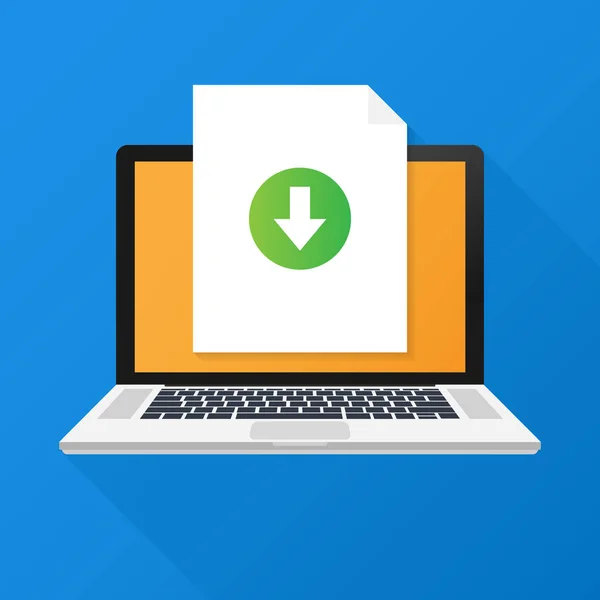 Laptop and download file icon. Document downloading concept. Trendy flat design graphic with long shadow.