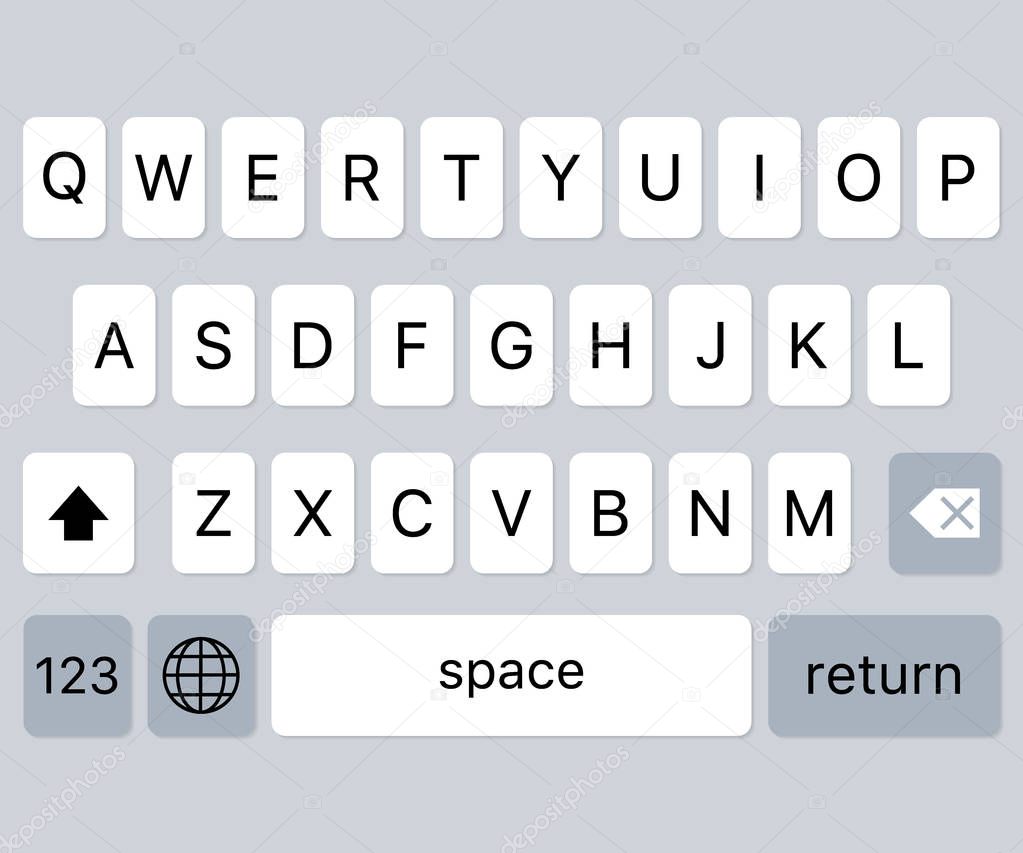 Vector modern keyboard of smartphone, alphabet buttons. Vector illustration.