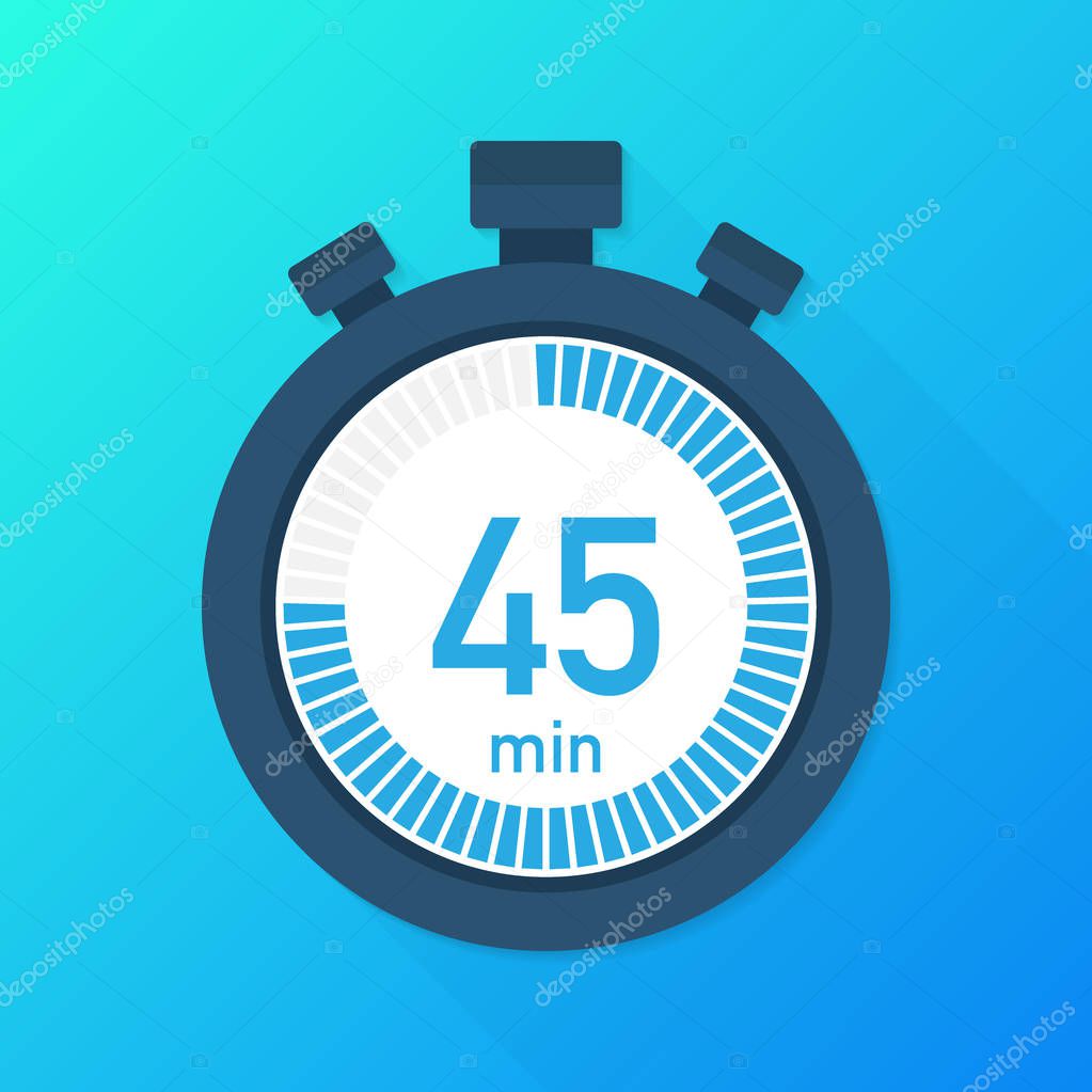 The 45 minutes, stopwatch vector icon. Stopwatch icon in flat style, timer on on color background.  Vector stock illustration.