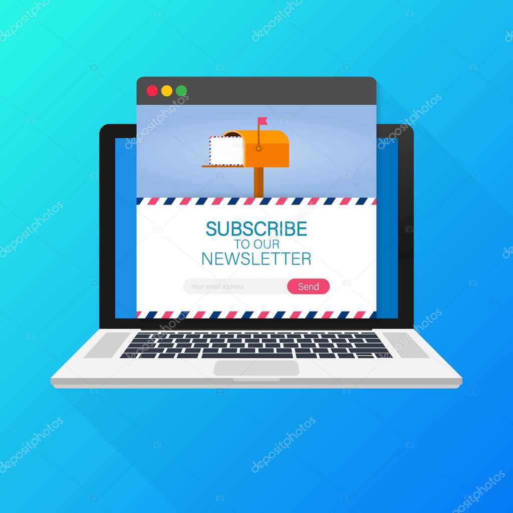 Email subscribe, online newsletter vector template with mailbox and submit button on laptop screen.