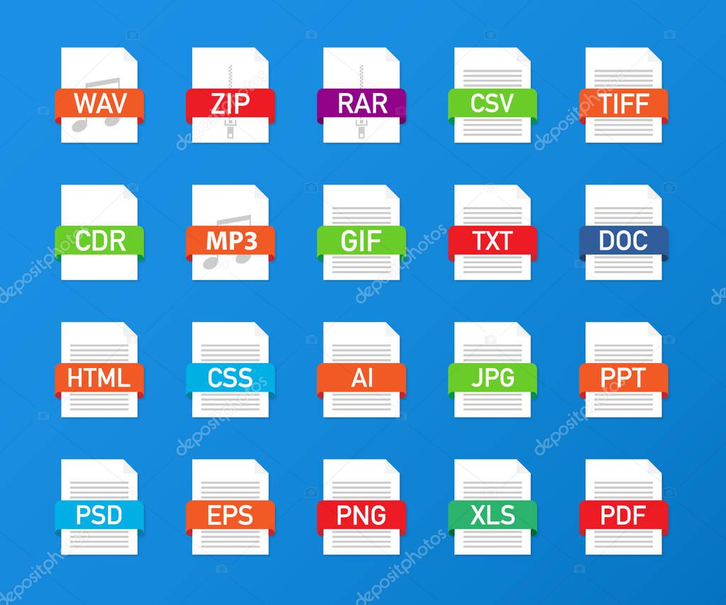 File formats flat icons set. White paper document pictograms with different file types, extensions. Web design graphic elements.