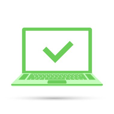 Yeşil ekranda işaretli dizüstü bilgisayar. Tamam konsept simgesi. Beyaz arkaplanda izole edilmiş düz biçimdeki vektör illüstrasyonu