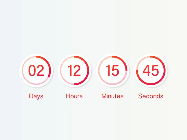 Temporizador de contagem regressiva. UI aplicativo digital contagem regressiva medidor de placa de círculo com diagrama de torta de tempo de círculo. Painel de avaliação do dia, hora, minutos e segundos para a página web em breve modelo de evento —  Vetores de Stock