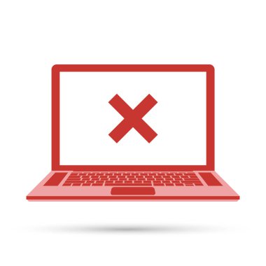 Laptop ve x işareti. Defter ve yuvarlak kırmızı haç simgesi beyaz ekran üzerinde işaretlemek