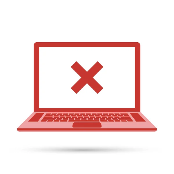 Φορητός υπολογιστής και το x σήμα. Σημειωματάριο και στρογγυλό κόκκινο σταυρό σήμα εικονίδιο στη λευκή οθόνη — Διανυσματικό Αρχείο